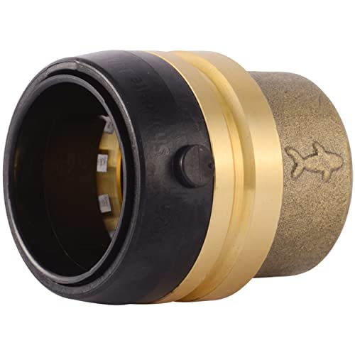 Brass push-to-connect end cap fitting with black and tan components, 1-1/4 inch diameter.