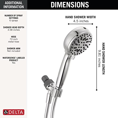 Chrome hand shower with 6 spray settings, 4.5-inch wide head and 6.89-inch length with attached hose.