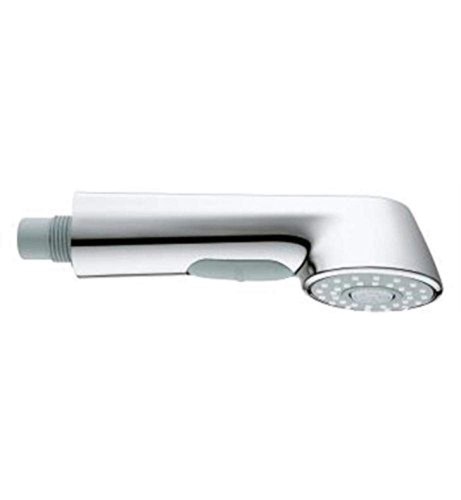 Chrome pull-out spray head with threaded connection and multiple spray nozzles on circular faceplate.