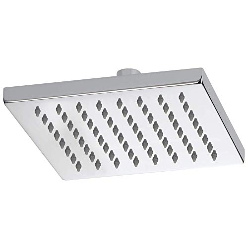 Chrome rectangular raincan shower head with linear diamond-shaped spray outlets and ceiling mount connector.