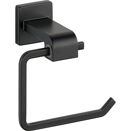 Black metal toilet tissue holder with curved arm and square mounting plate.