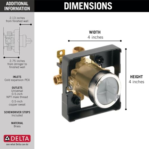 Black and brass pressure balance rough-in valve with PEX expansion inlets, measuring 4 inches wide by 4 inches tall.