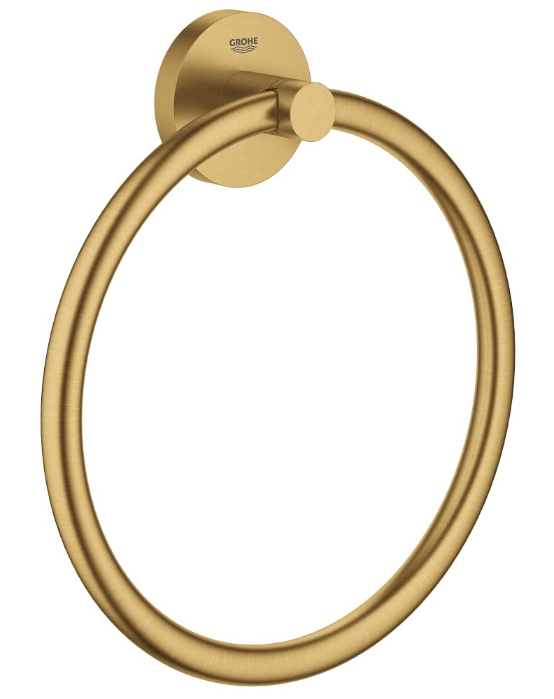 Brushed gold circular towel ring with round wall-mounted backing plate and center post.