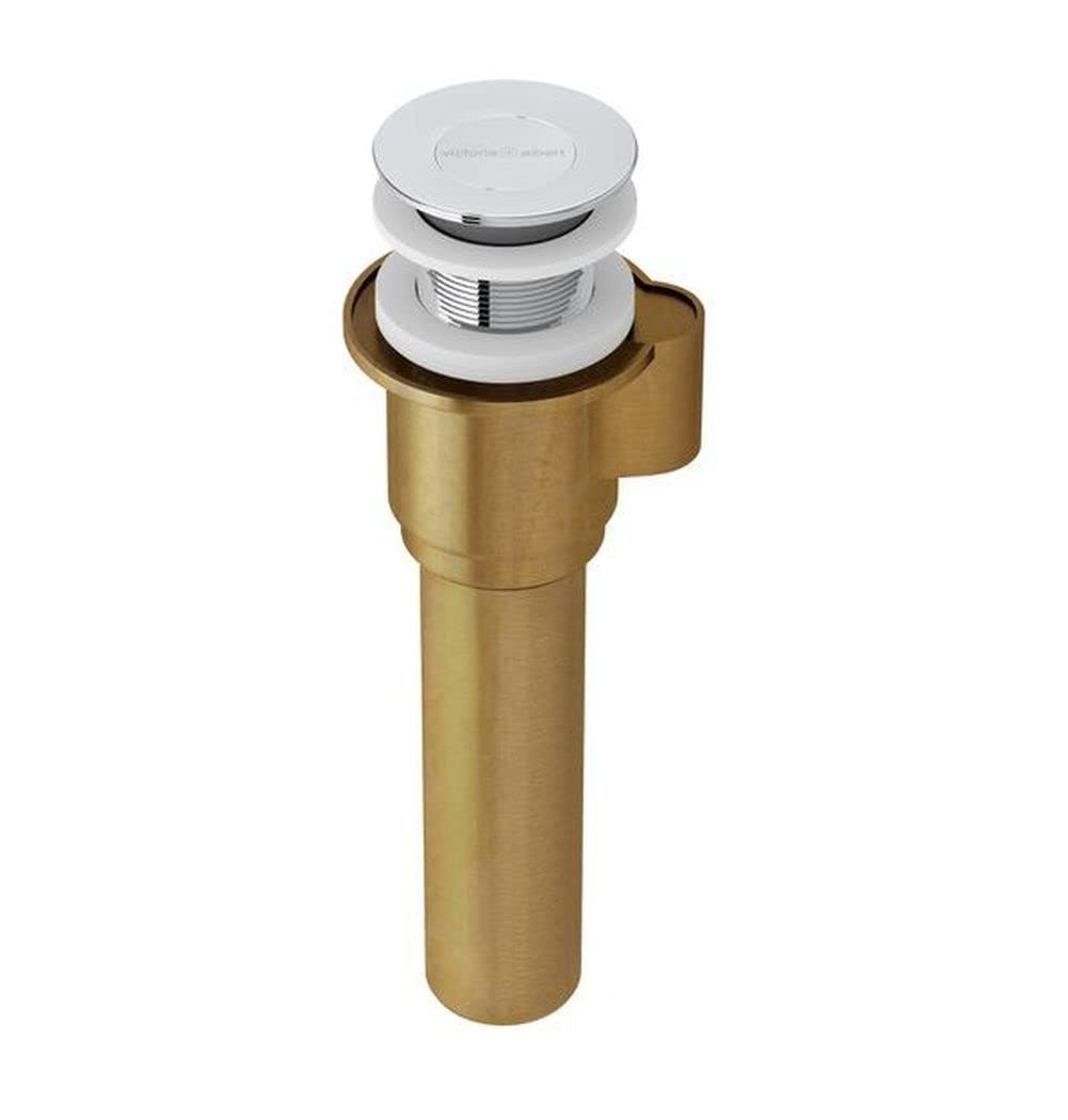 Polished chrome push drain assembly with brass body and threaded connection for basin installation.