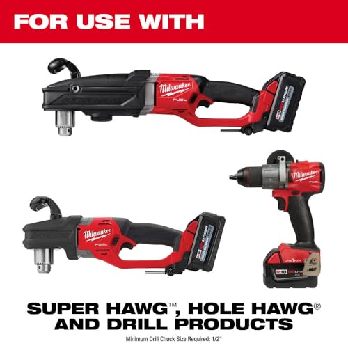 Milwaukee 4-1/4 in. Big Hawg hole saw with carbide teeth shown with compatible drill models.