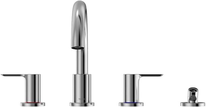 Polished chrome two-handle roman tub filler with tall central spout and detachable handshower.