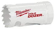 Milwaukee 5/8" HOLE DOZER bi-metal hole saw with serrated cutting edges on white cylindrical body.