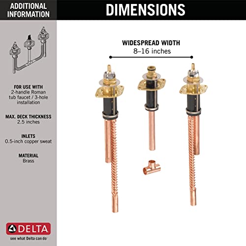Brass flexible mount assembly with three copper supply lines and adjustable valve bodies, 8-16 inch spread width.