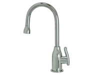 Brushed stainless steel drinking faucet with curved spout and single lever handle.
