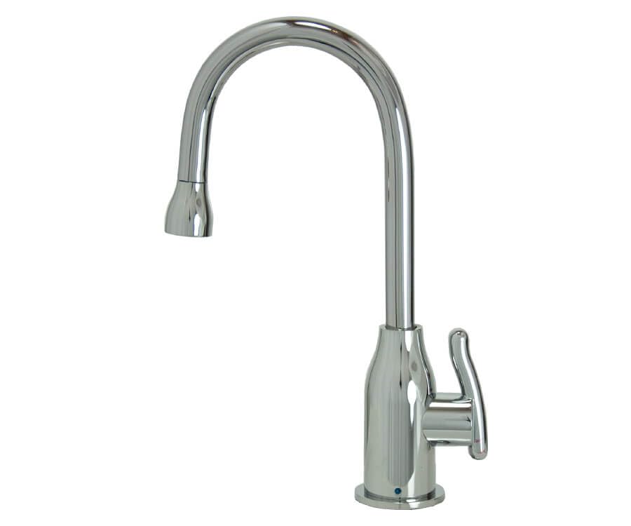 Single-handle drinking water faucet with curved spout and side lever in polished chrome finish.