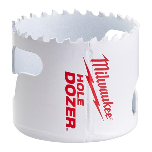 White cylindrical bi-metal hole saw with serrated cutting edge and red Milwaukee HOLE DOZER branding on side.