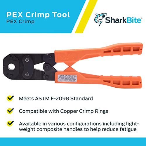 Sharkbite PEX crimp tool with orange handles and black head for copper crimp rings.