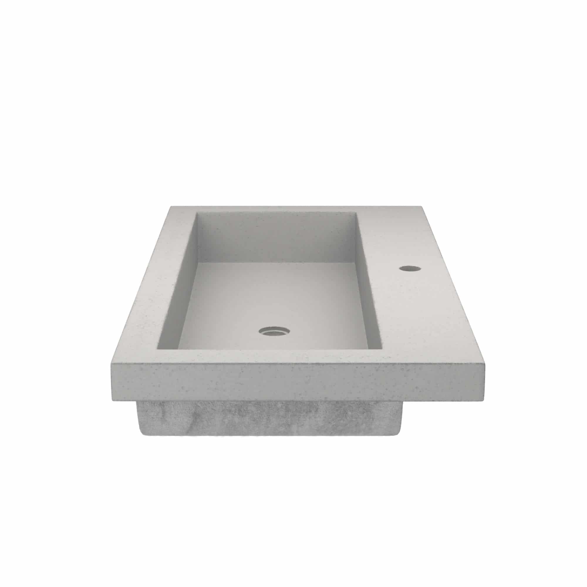 Rectangular ash-colored concrete trough sink with single basin and two faucet holes.