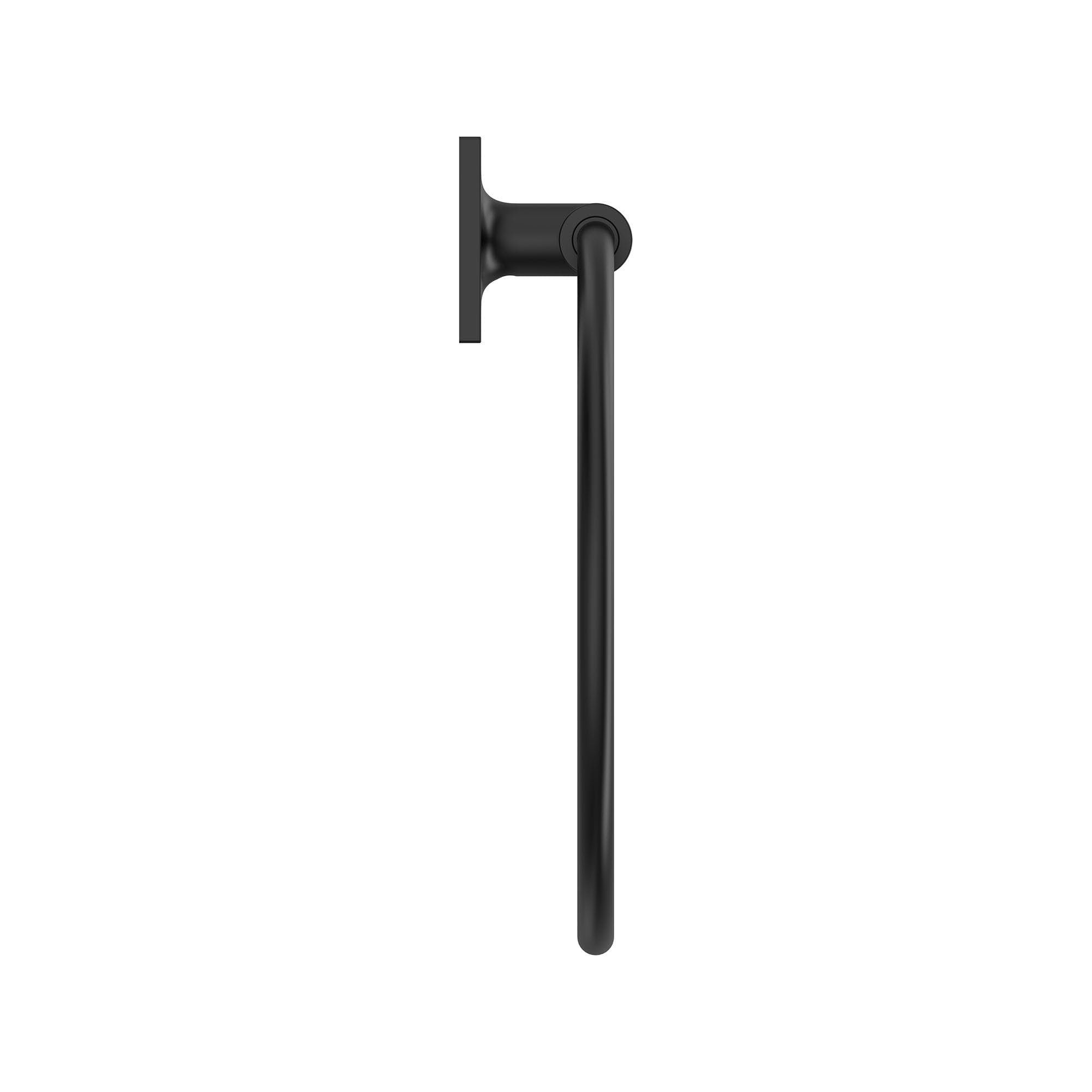 Brushed dark metal towel ring with rectangular mounting plate and curved rod design.