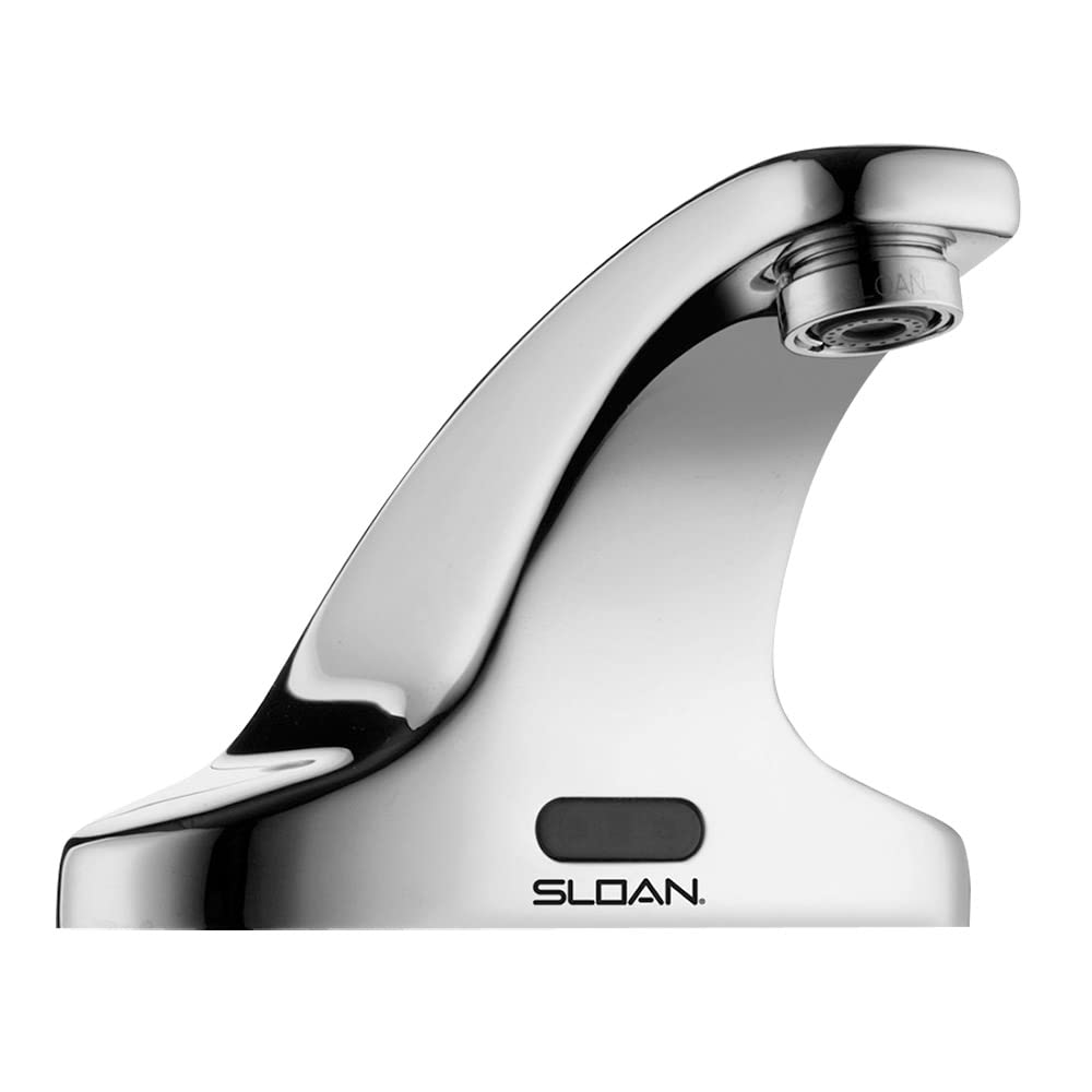 Chrome and white battery-powered deck-mounted faucet with curved spout and sensor base.