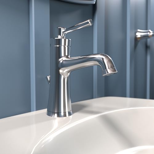 Chrome single-hole bathroom faucet with tall curved spout and lever handle on white sink.