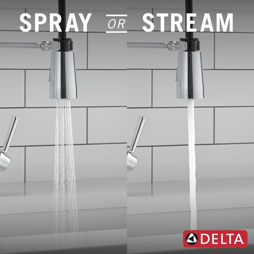 Chrome pull-down kitchen faucet with single handle, shown in spray and stream water modes.