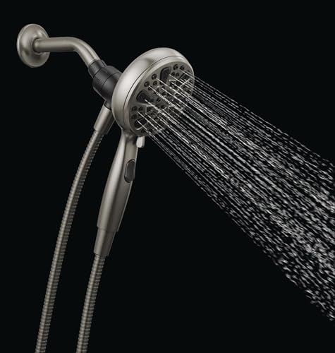 Satin nickel hand shower with curved arm mount, flexible hose, and six water spray settings visible on grip.