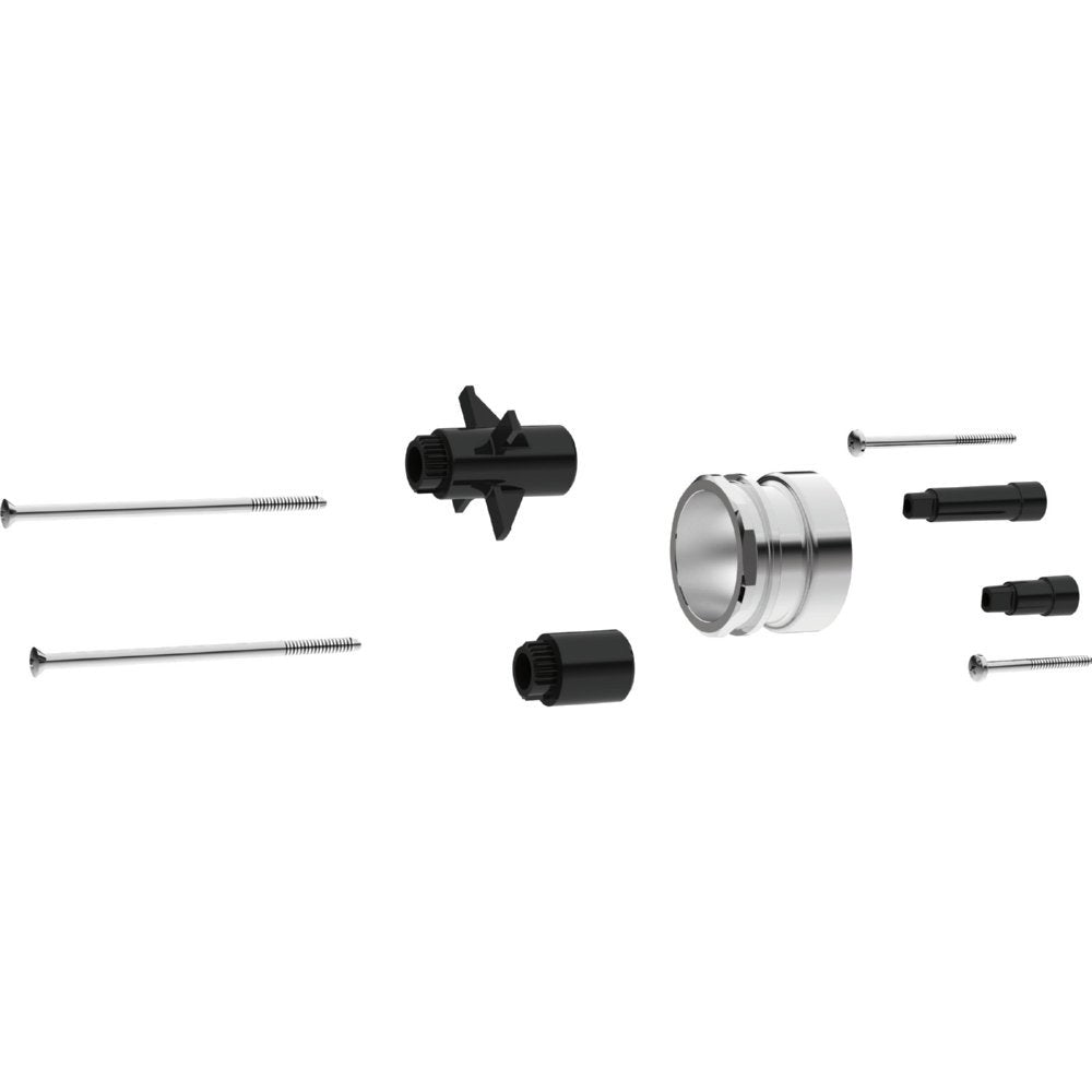 Delta RP77992 extension kit components including metal collar, black plastic connectors, and metal screws.