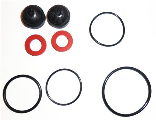 Repair kit containing two black rubber balls, two red rubber washers, and five rubber o-rings in various sizes.