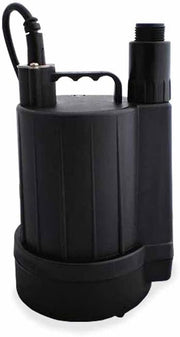 Black cylindrical manual utility pump with handle, discharge hose, and outlet port on side.