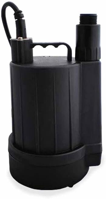 Black cylindrical manual utility pump with handle, discharge hose, and outlet port on side.