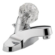 Chrome bathroom faucet with single clear acrylic knob handle and curved spout.