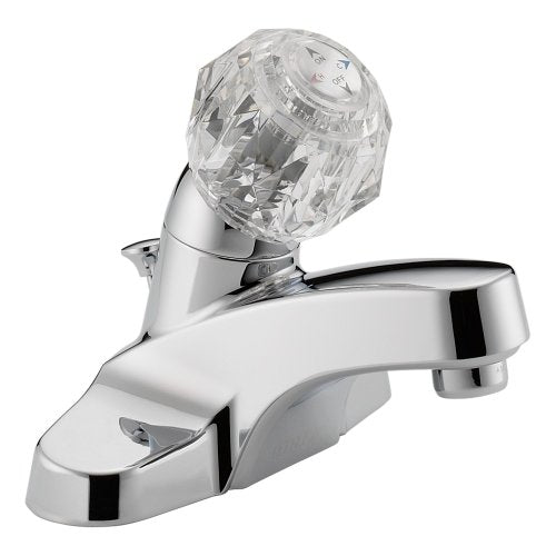 Chrome bathroom faucet with single clear acrylic knob handle and curved spout.