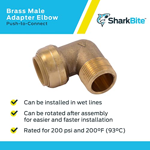 Brass 90-degree elbow fitting with push-to-connect and male threaded ends.