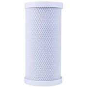 Cylindrical white carbon block water filter cartridge with textured mesh surface and plastic end caps.