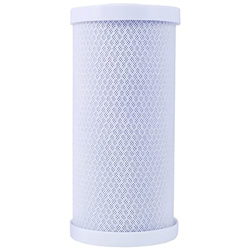 Cylindrical white carbon block water filter cartridge with textured mesh surface and plastic end caps.