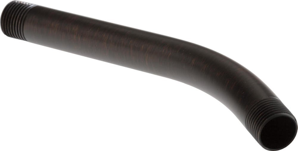 Curved dark bronze shower arm with threaded fittings at each end against white background.