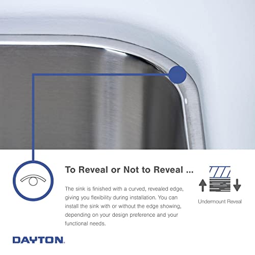 Stainless steel undermount sink with curved rim edge and brushed finish surface.