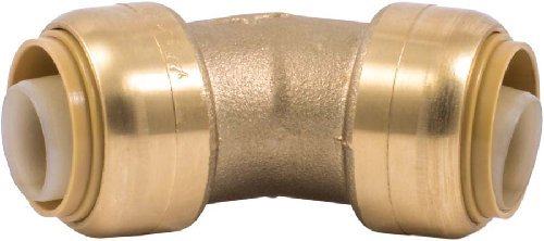Brass 45-degree elbow connector with push-to-connect fittings on both ends.