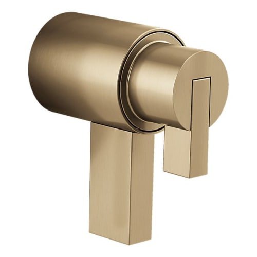 Brushed gold thermostatic valve trim with cylindrical body and rectangular lever handle.