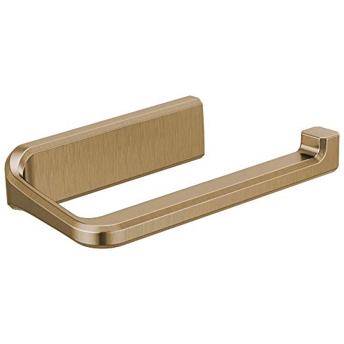Brushed gold tissue holder with curved ends and rectangular opening for paper roll storage.