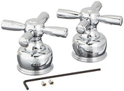 Pair of chrome faucet handles with cross-shaped grips, mounting hardware, and adjustment wrench included.