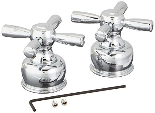 Pair of chrome faucet handles with cross-shaped grips, mounting hardware, and adjustment wrench included.