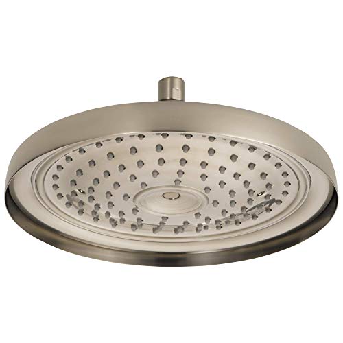 Round brushed nickel raincan shower head with multiple spray holes and center outlet connection.