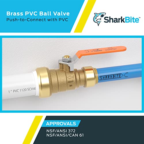Brass ball valve with orange lever handle connected to blue PVC pipe, showing push-to-connect fittings.