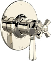 Polished nickel thermostatic and pressure balance trim with dual cross handles and circular escutcheon plate.
