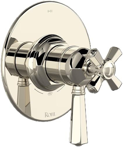 Polished nickel thermostatic and pressure balance trim with dual cross handles and circular escutcheon plate.