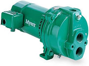 Green cast iron deep well jet pump with motor housing and multiple connection ports.
