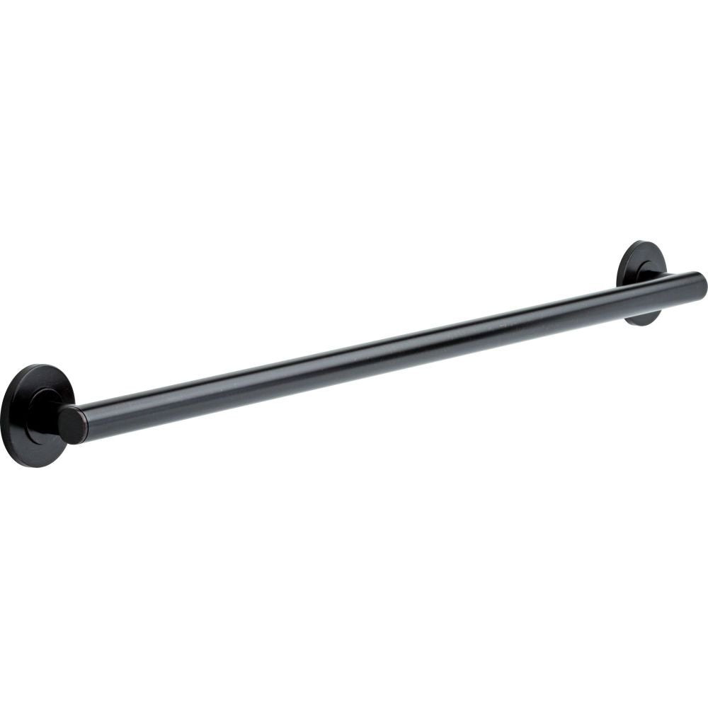Chrome cylindrical grab bar with black circular wall mounts on each end.