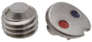 Stainless steel set screw with grooved ridges and teardrop-shaped button with blue and red indicator dots.