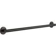Black horizontal grab bar with circular wall-mounted flanges on each end.