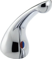 Chrome metal lever handle with curved spout design and red temperature indicator dot.