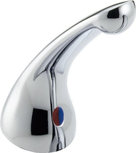 Chrome metal lever handle with curved spout design and red temperature indicator dot.