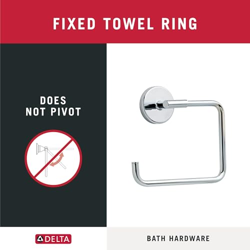 Polished nickel fixed towel ring with circular wall plate and square loop design.