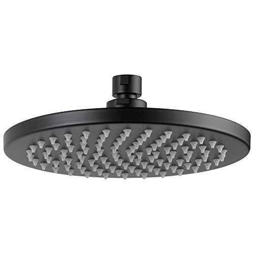 Black round raincan shower head with multiple water outlet nozzles and wall-mounted connector arm.